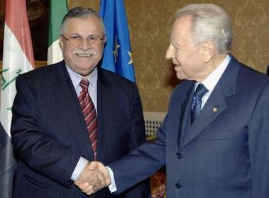 Italian President Carlo Azeglio Ciampi (R) greets Iraqi President Jalal Talabani, who started a week-long visit to Italy in Rome November 7, 2005.