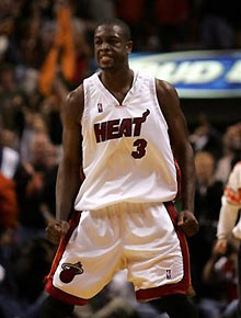 Miami Heat guard Dwyane Wade reacts after scoring the winning basket against the Detroit Pistons in the fourth quarter of an NBA basketball game Sunday, Feb. 12, 2006, in Miami.